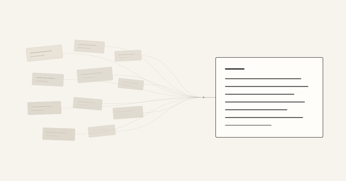 Abstract illustration of scattered, faded profile cards on the left being pulled by thin threads into a single crisp block of text on the right