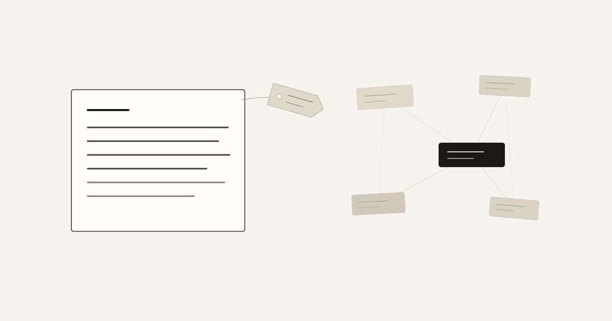 Abstract illustration of a webpage with a schema tag attached on the left, and a small connected graph of linked concept files on the right